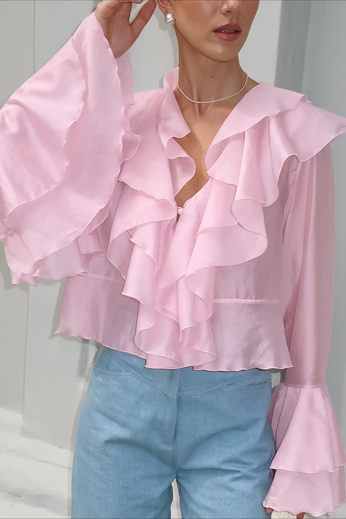 Chiffon Flare Sleeve Cropped Blouse