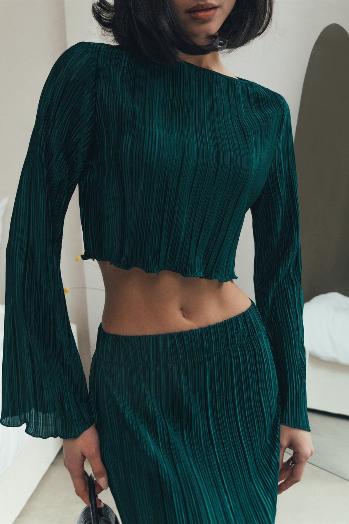 Pleated Flare Sleeve Crop Top Skirt Two Piece Set
