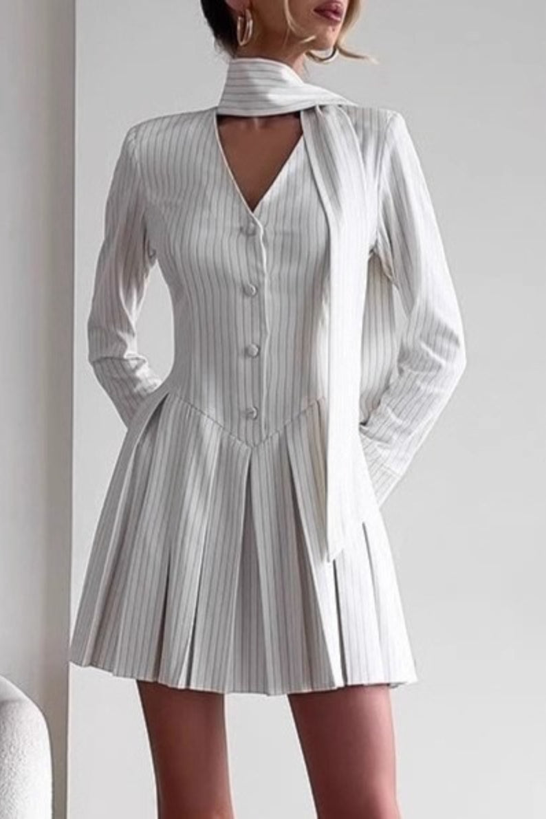 Pinstripe Long Sleeve Button-Front Pleated Mini Dress