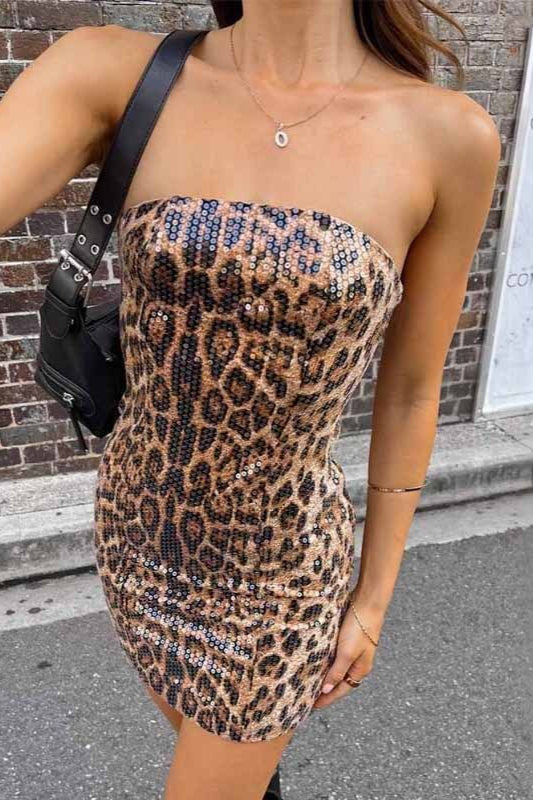 Leopard Sequin Strapless Bodycon Mini Dress - View 2