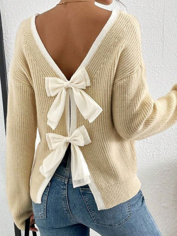 Back Bow Detail Crewneck Knit Sweater for Stylish Comfort
