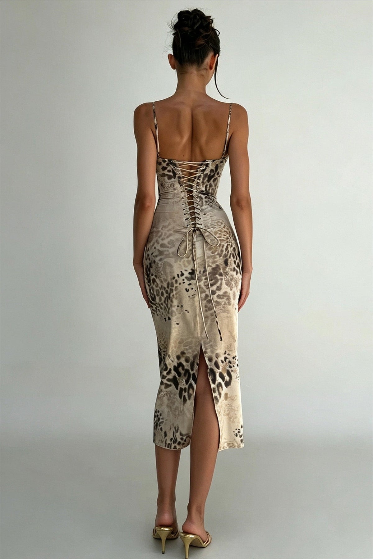 Leopard Print Satin Spaghetti Strap Midi Dress 4