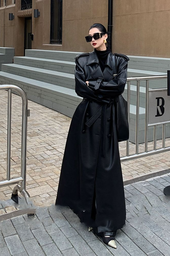Layered PU Leather Waist-Cinching Long Overcoat - Fashionpara