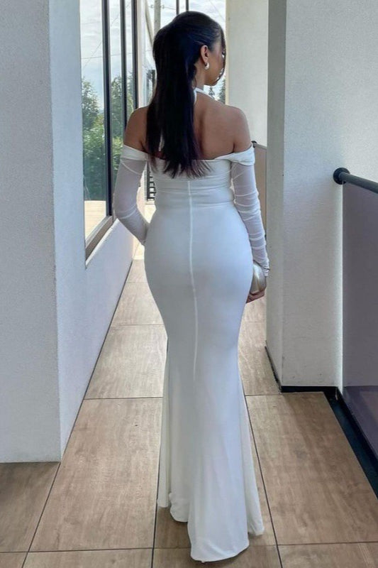 Halter Neck Off-Shoulder Ruched Long Sleeve Maxi Dress