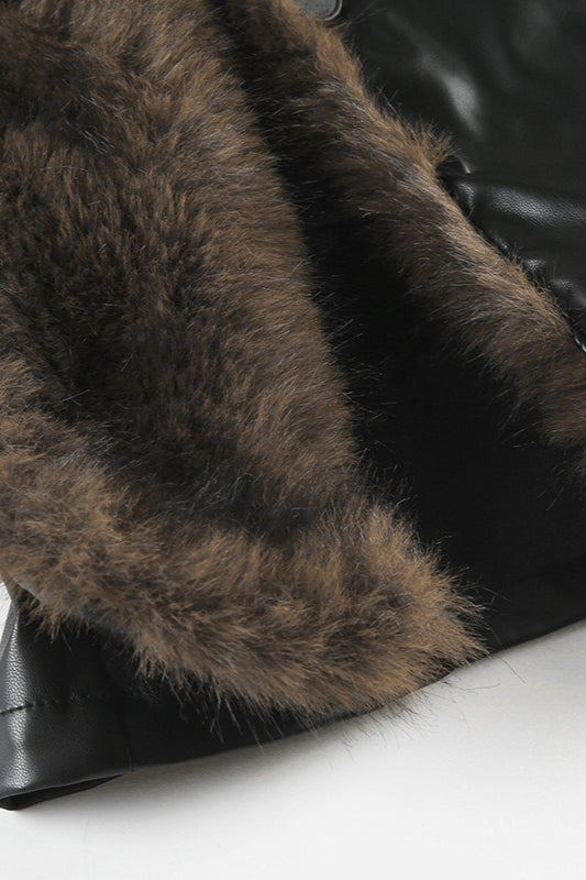 Faux Leather Fur Collar Coat