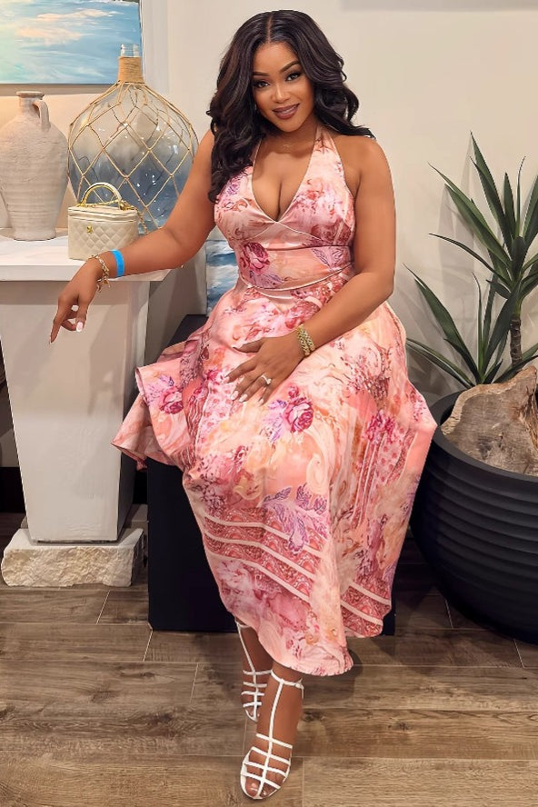 Elegant Floral Print Halter High Waist Floral Dress