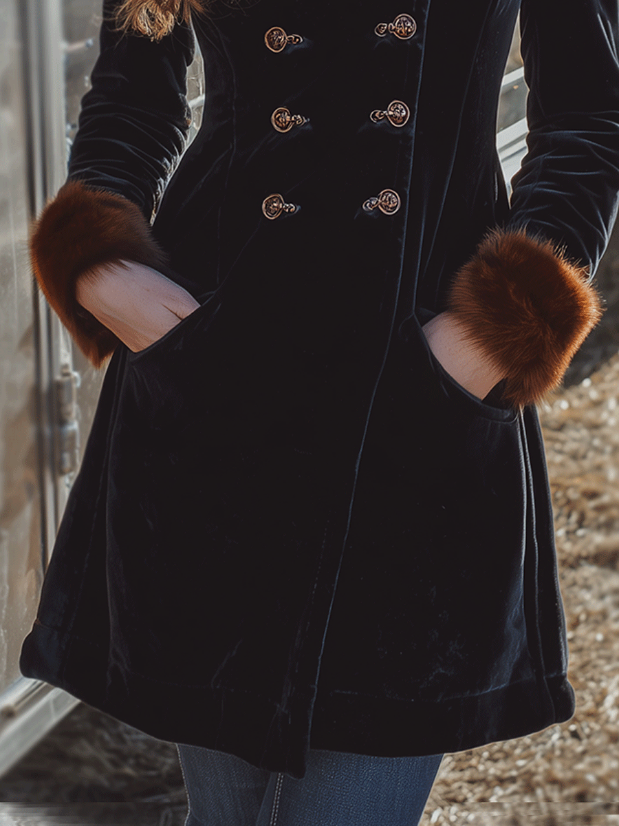 Vintage Black Velvet Double-Breasted Faux Fur Collar And Cuffs Coat - Fashionpara