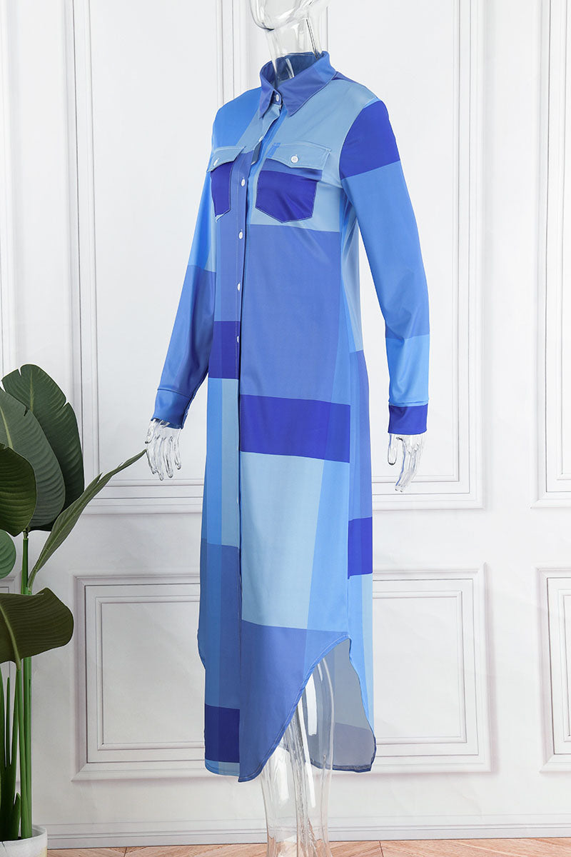 Casual Striped Print Patchwork Buckle Turndown Collar Shirt Dress Dresses Fashionpara