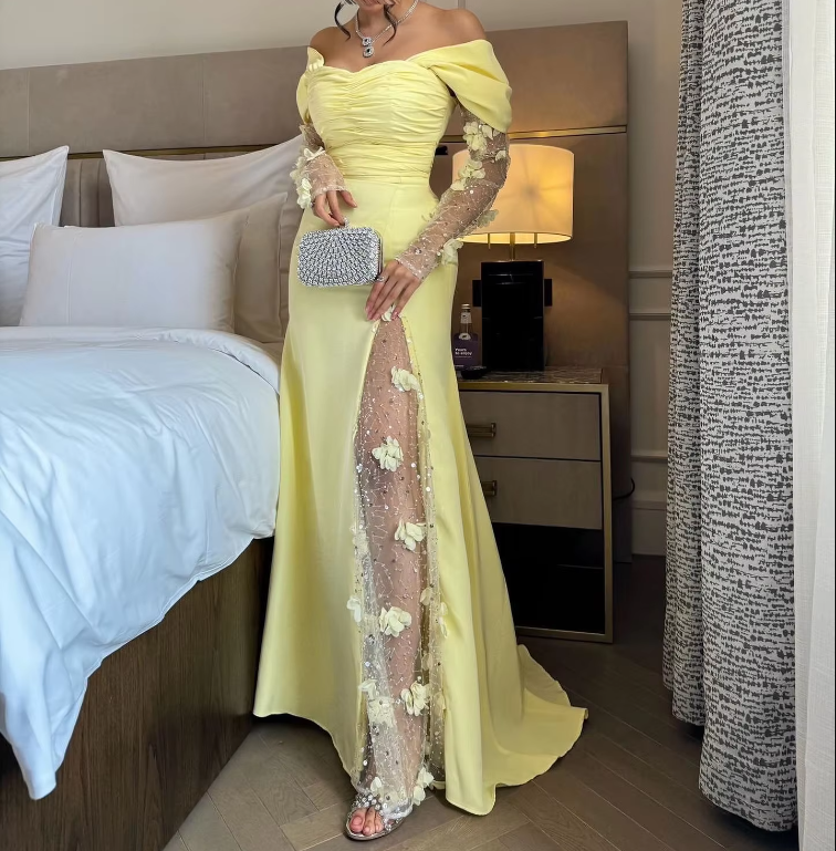 Elegant Prom Dresses Long Yellow Evening Dress Off Shoulder Formal Wedding Party Dress