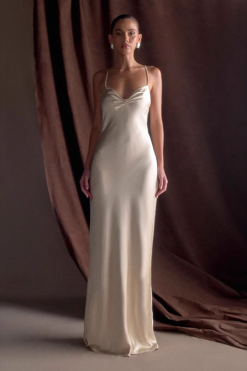 Satin Deep V-Neck Spaghetti Strap Ruched Bust Column Maxi Gown - View 9