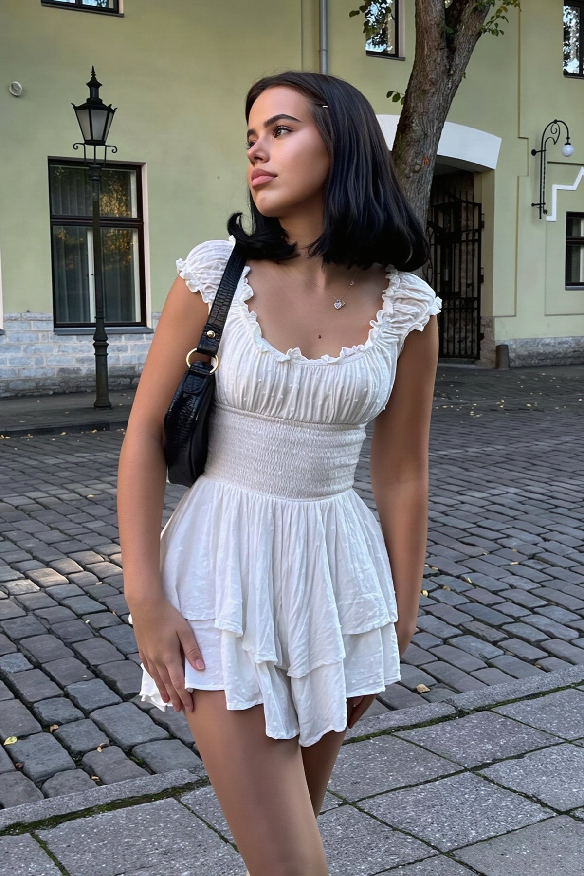 Swiss Dot Off Shoulder Smocked Ruffle Mini Dress