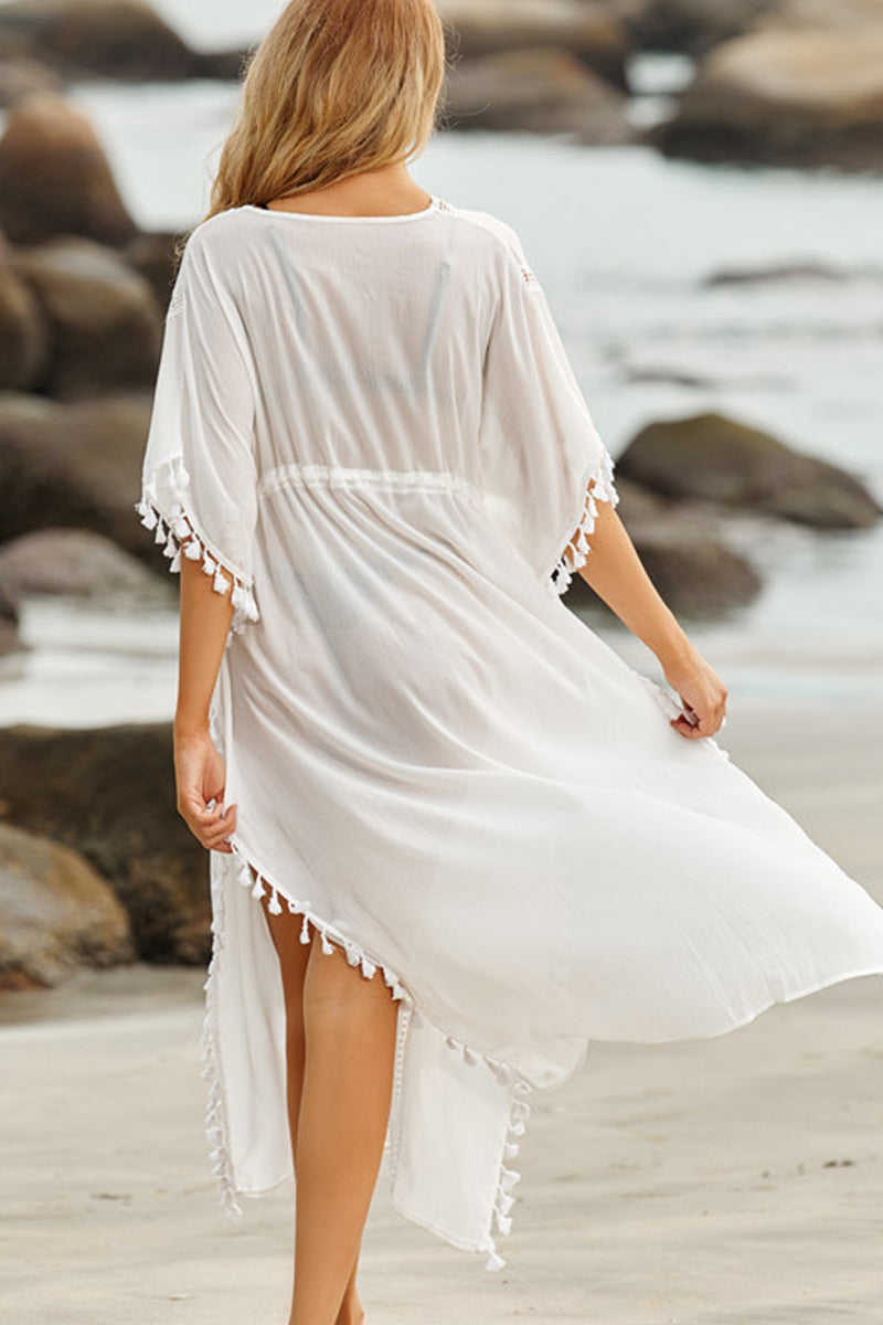 Chiffon Lace Fringed Loose Cover up - Fashionpara