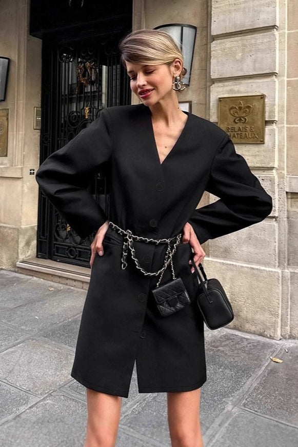 Loose Fit V Neck Blazer Coat - Fashionpara