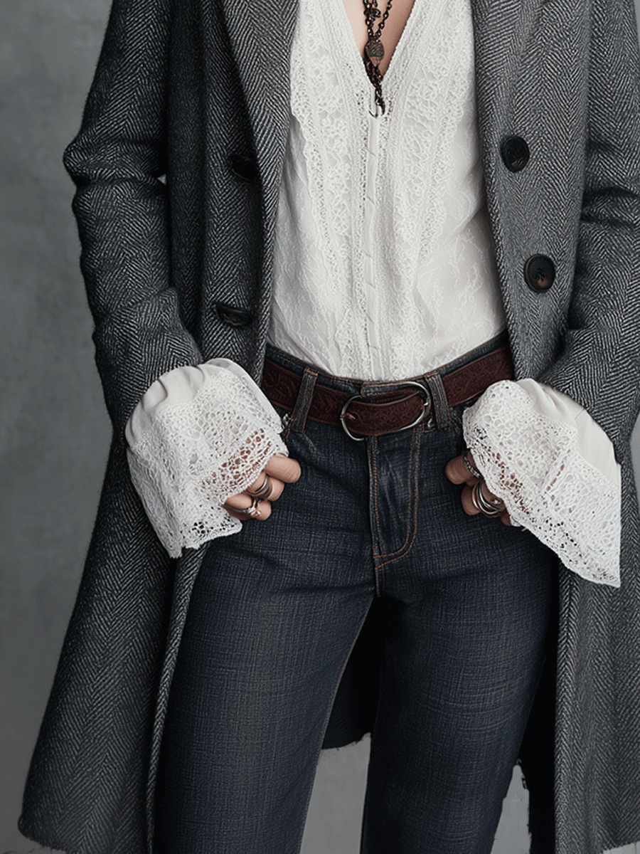 Classic Grey Herringbone Wool Blend Double-Breasted Long Coat - Fashionpara