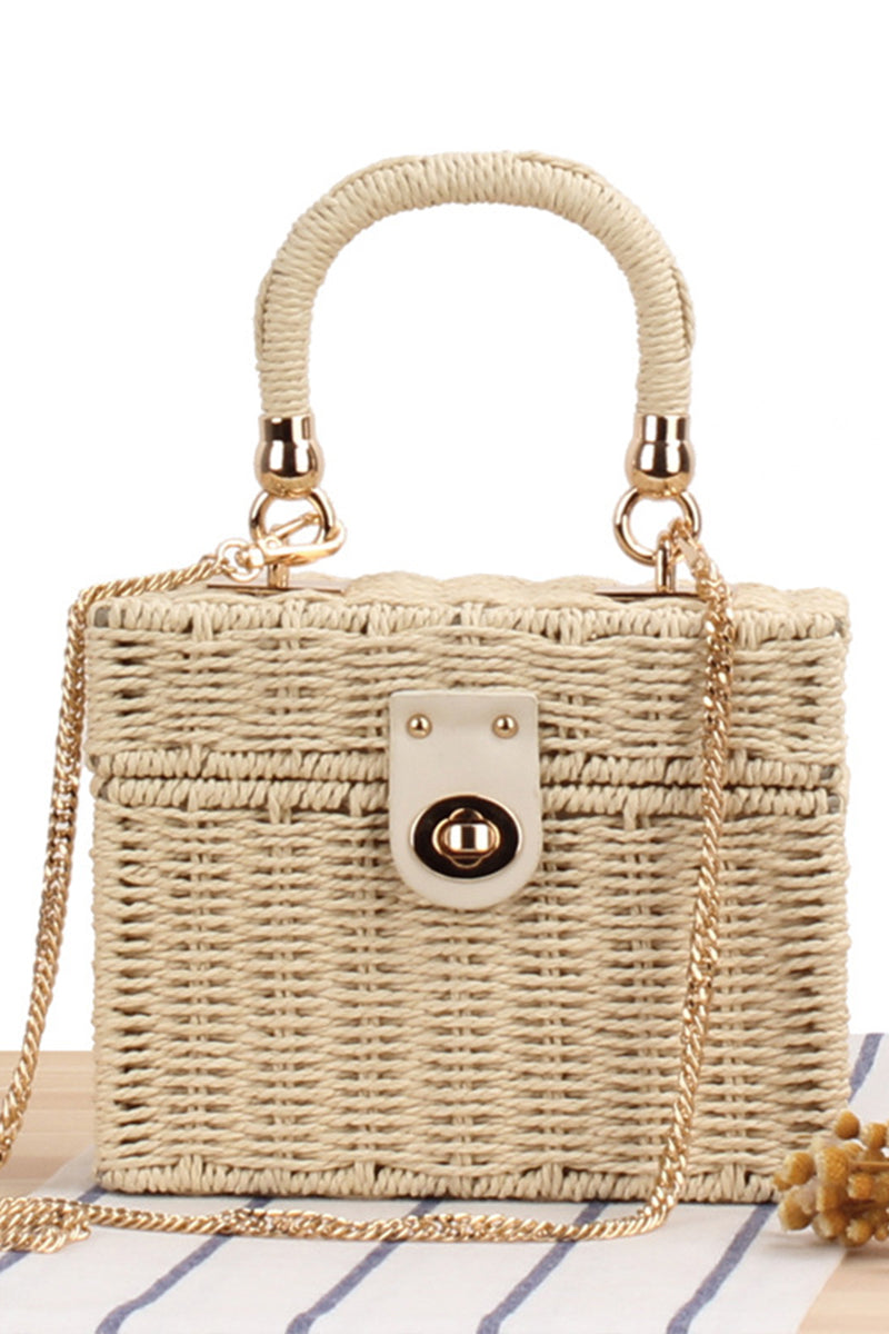 Box Shape Top-Handle Woven Straw Beach Handbag - Fashionpara