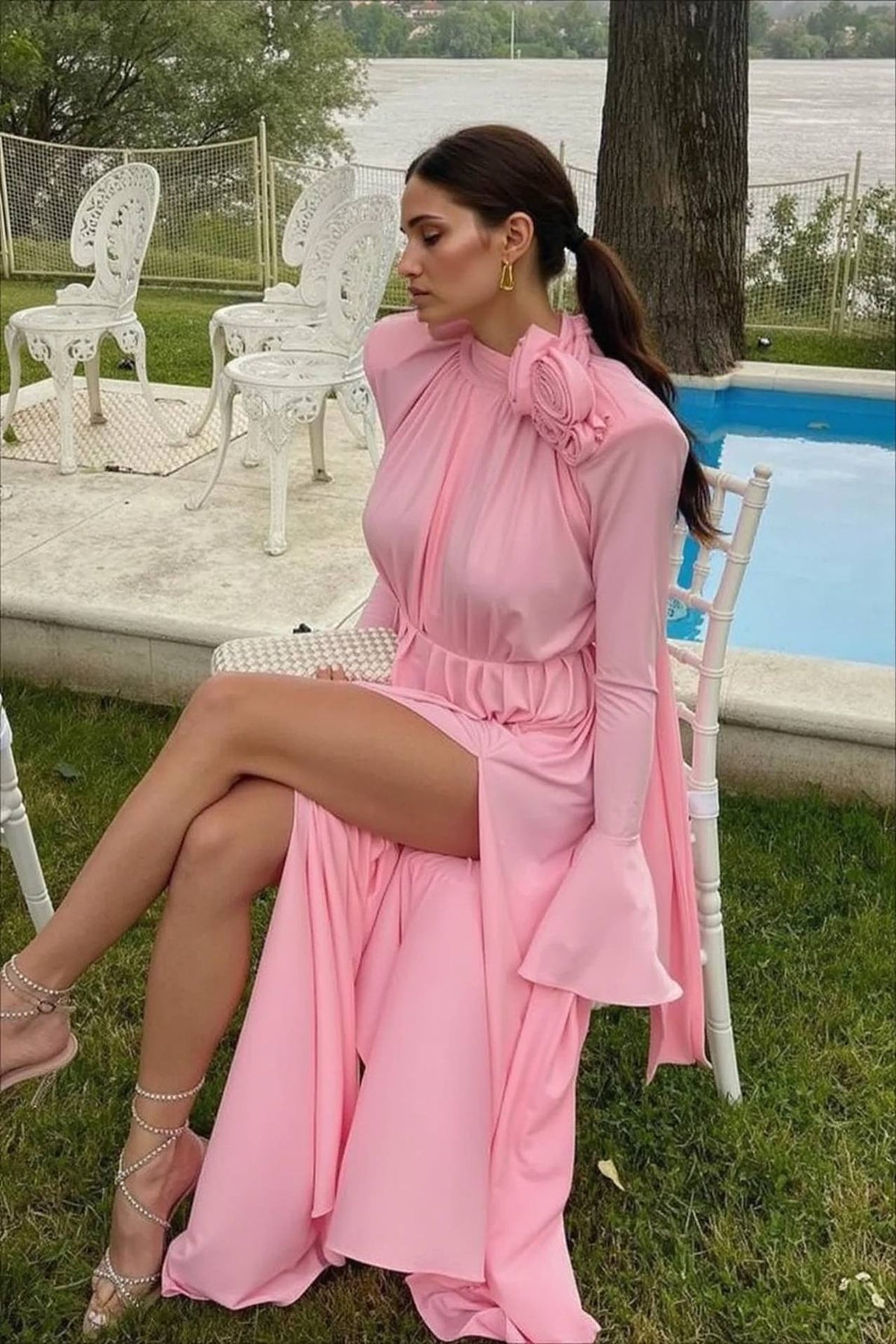 Long Sleeve Rosette High Neck High Split Gown 2