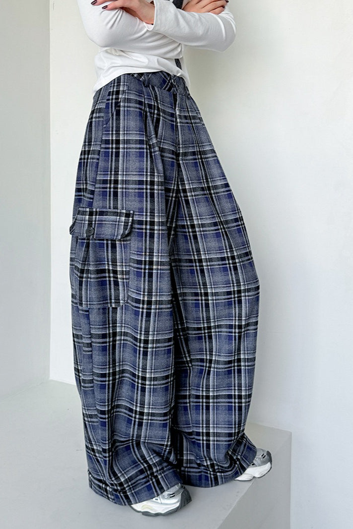 Retro Colorblock Plaid Casual Straight Pants