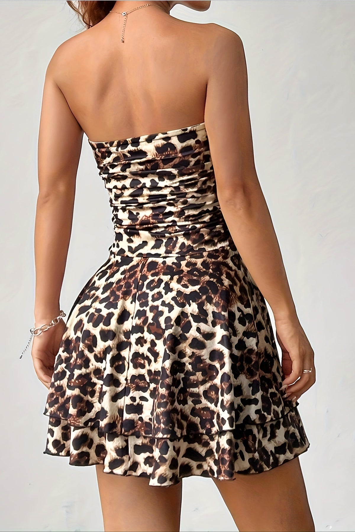 Leopard Print Strapless Ruched Tiered Mini Dress