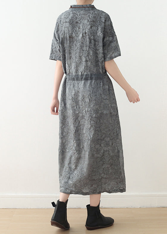 Floral Damask Mandarin Collar Short Sleeve Toggle Maxi Dress - View 4
