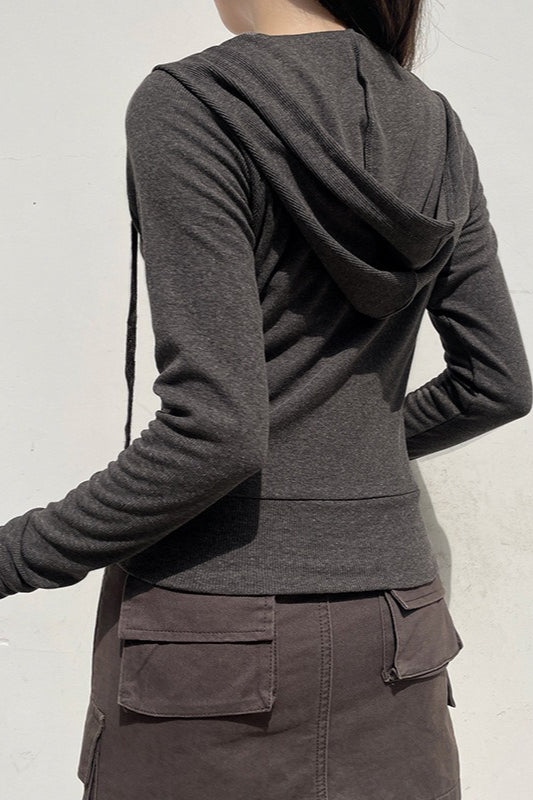 Gray Hooded Zip-Up Cropped Hoodie 3