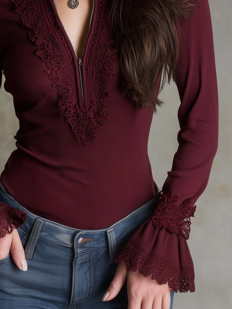 Vintage Ribbed Lace Trim Long-Sleeve Blouse