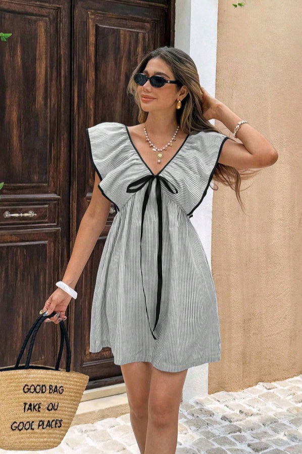 Striped V-Neck Ruffle Bow Babydoll Mini Dress 16