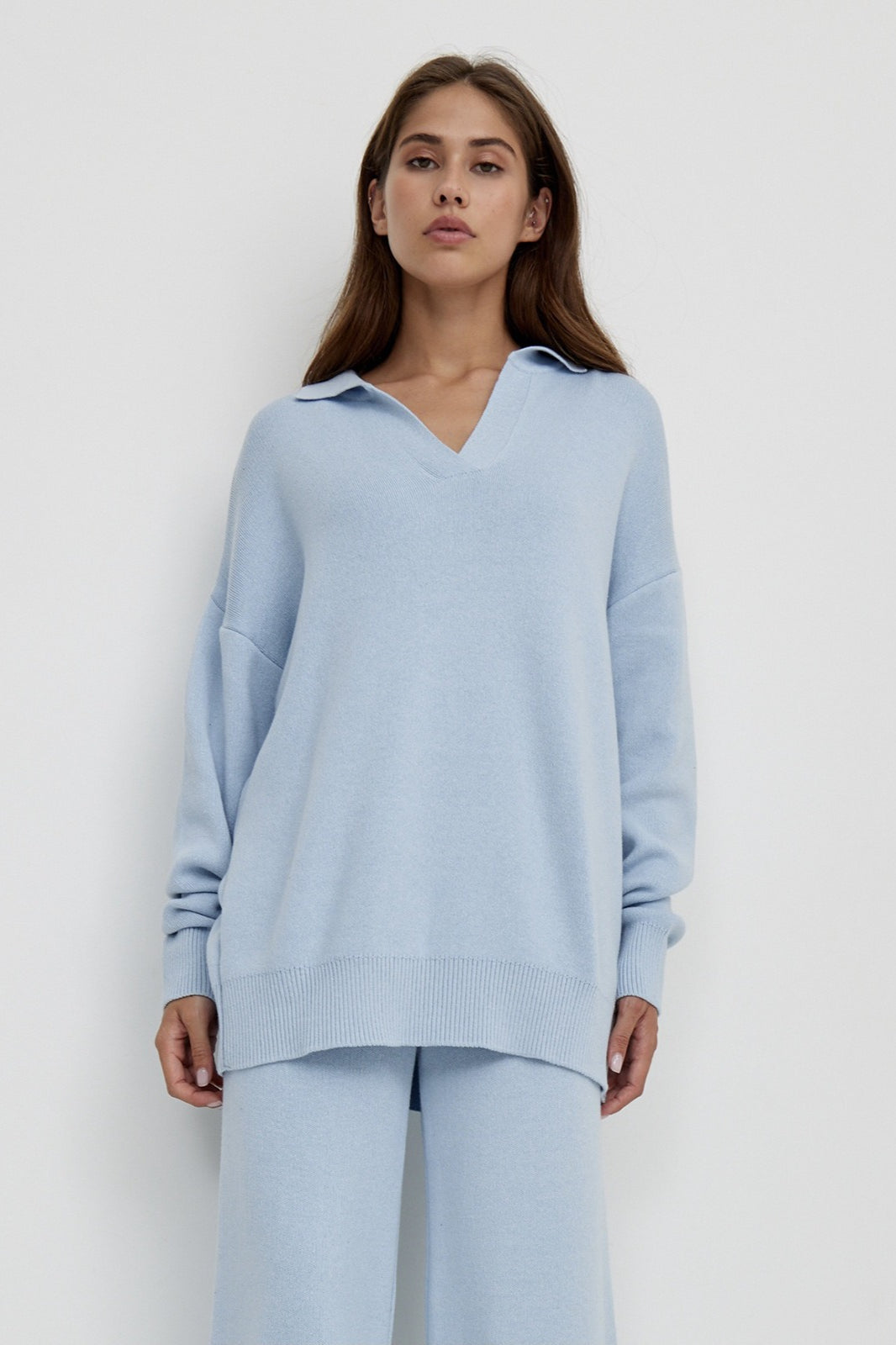 Polo Collar Knit Pullover Wide-Leg Pants Two Piece Set