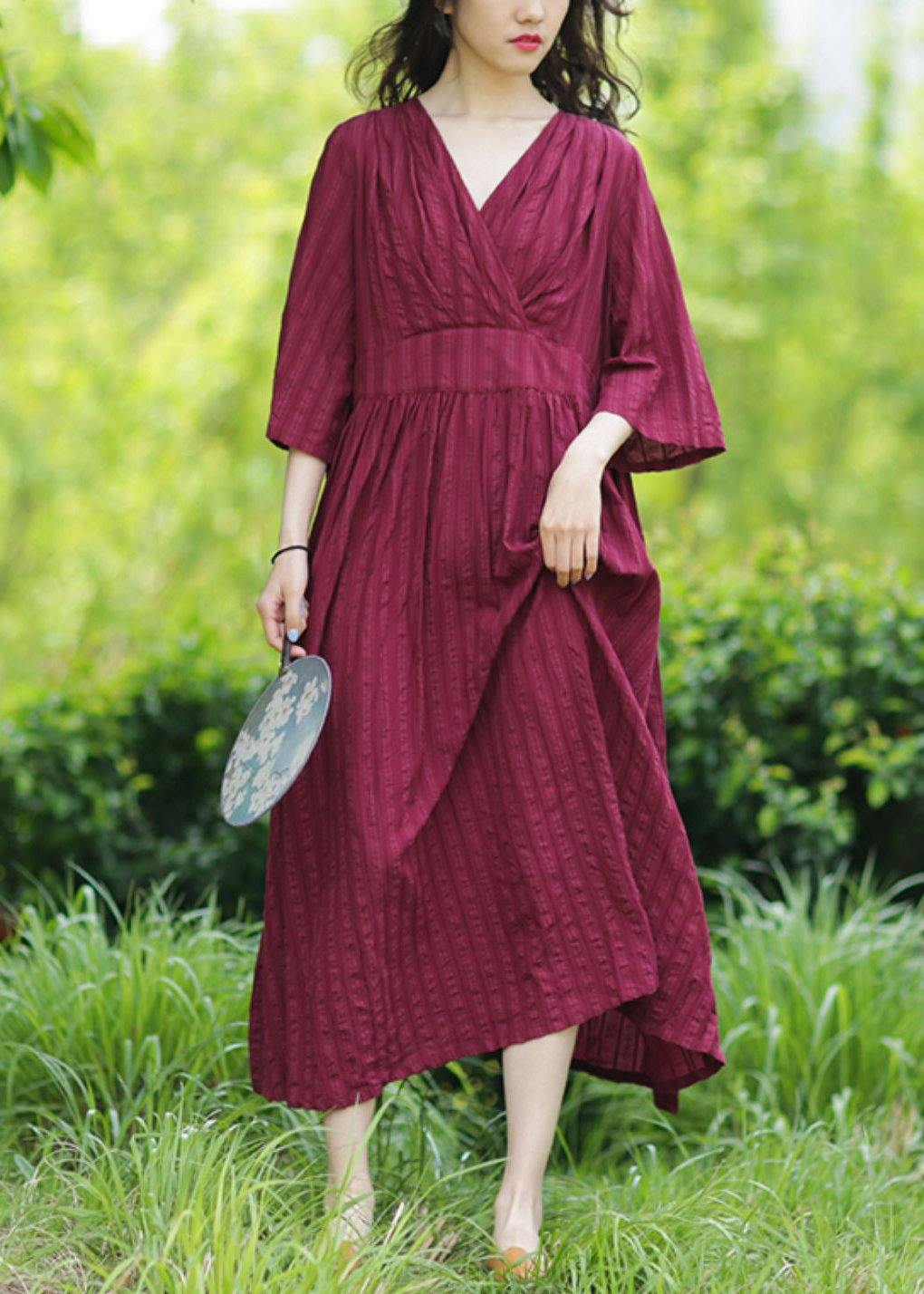 Textured Stripe V-Neck Bell Sleeve Wrap Bodice Maxi Dress - View 2