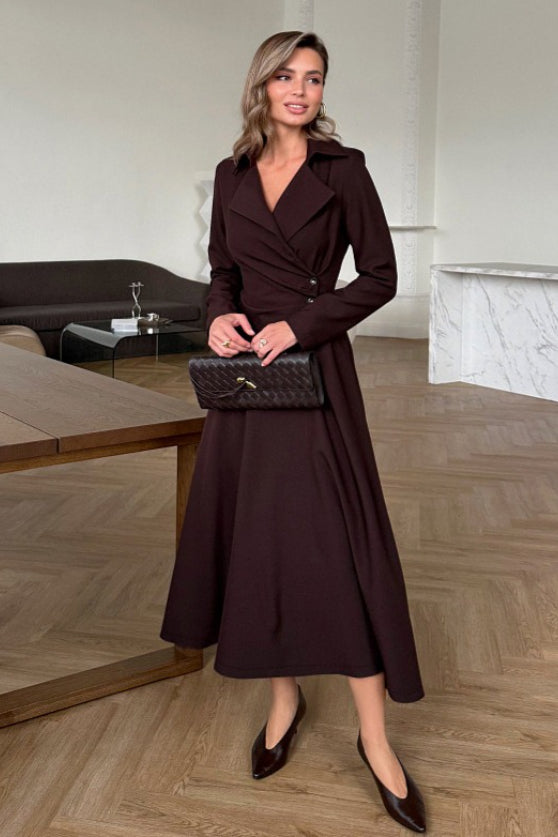 Collared Long Sleeve Wrap Button Fit & Flare Midi Dress