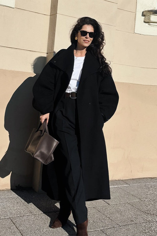 Stand Collar Batwing Sleeve Longline Loose Wool Overcoat