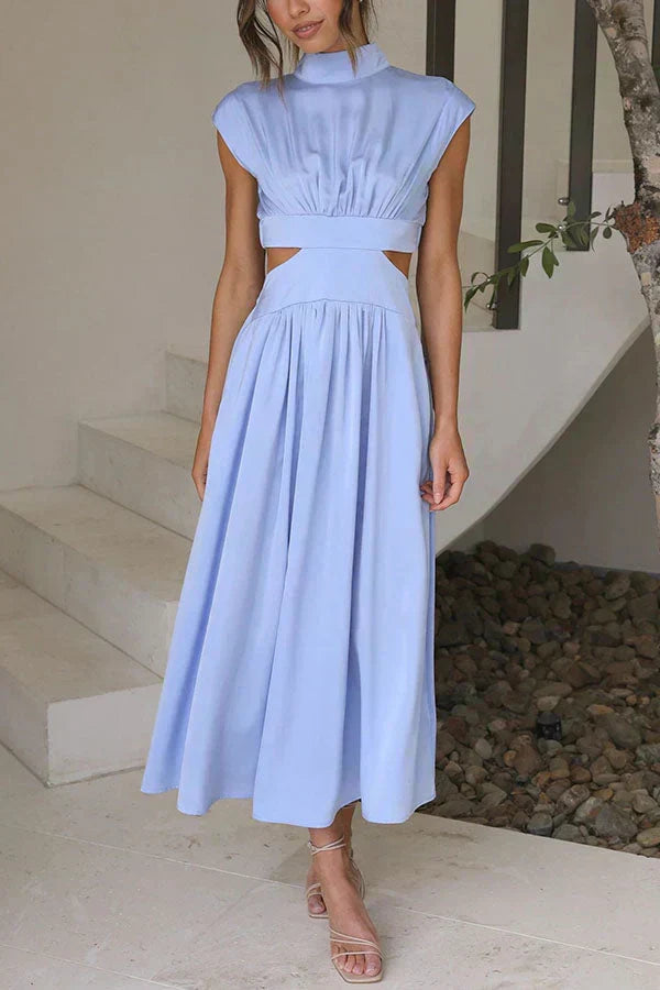 Sleeveless Mock Neck Side Cut Out Pleated Maxi Dress - View 2