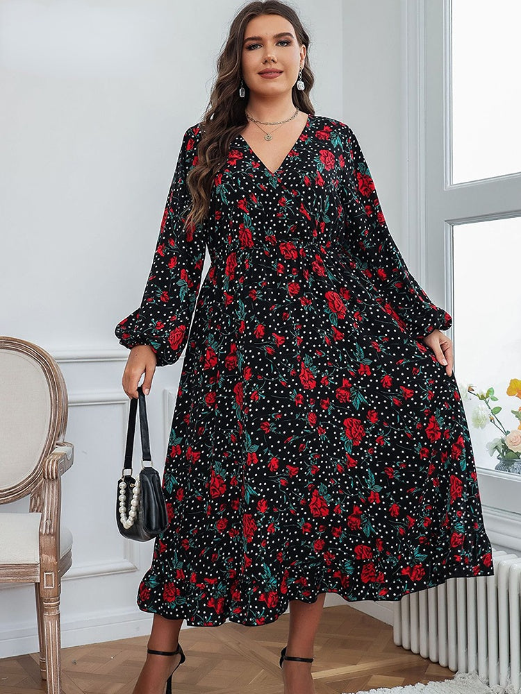 Print V-Neck Swing High Waist Loose Midi Dresses 3