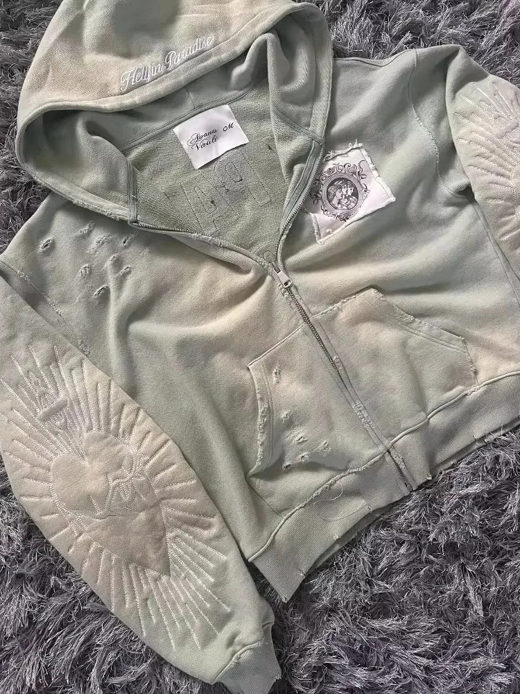 Embroidered Patch Zip Up Hoodie