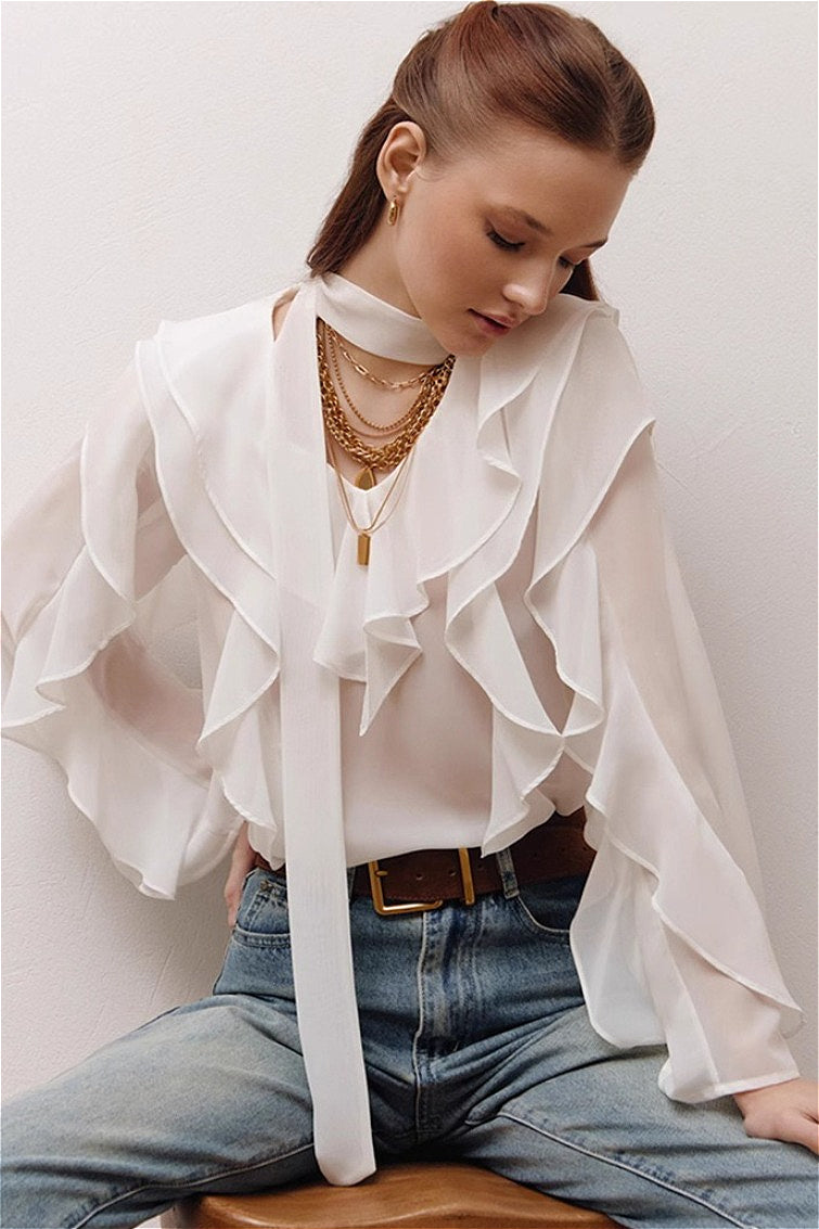 Elegant Solid Chiffon Ruffled Tie Blouse