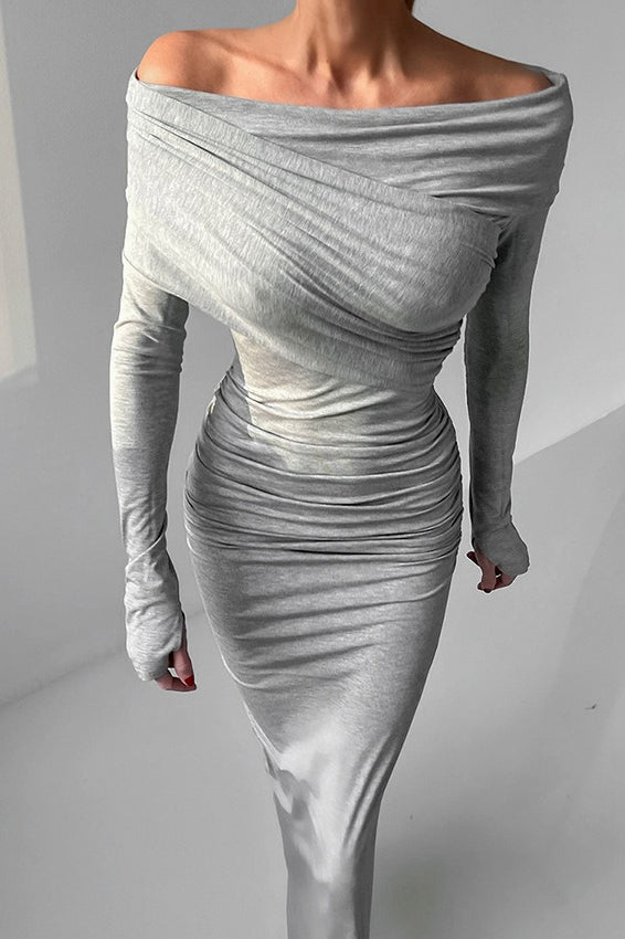 Off-Shoulder Long Sleeve Ruched Bodycon Maxi Dress