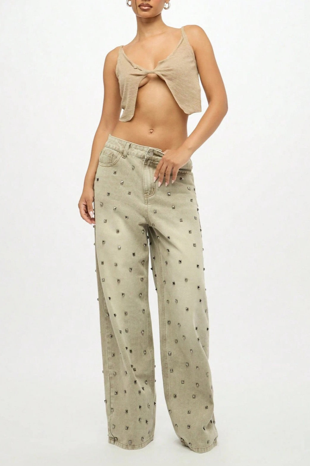 Low Rise Rhinestone Wide Leg Jeans