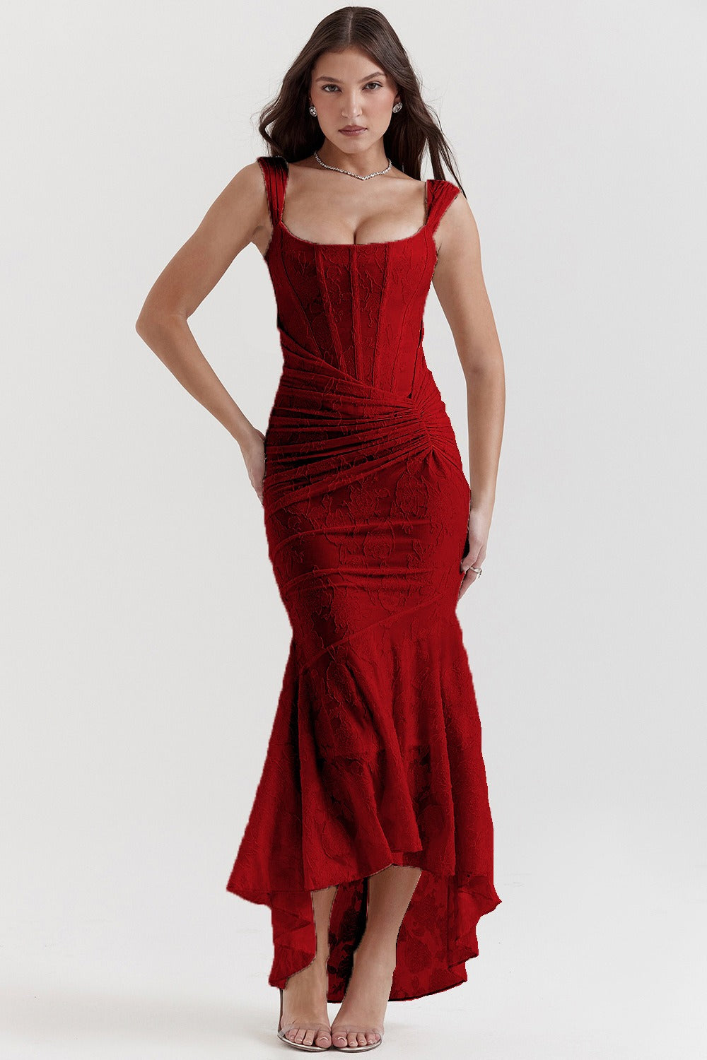 Jacquard Square Neck Corset Ruched Mermaid Gown - View 14