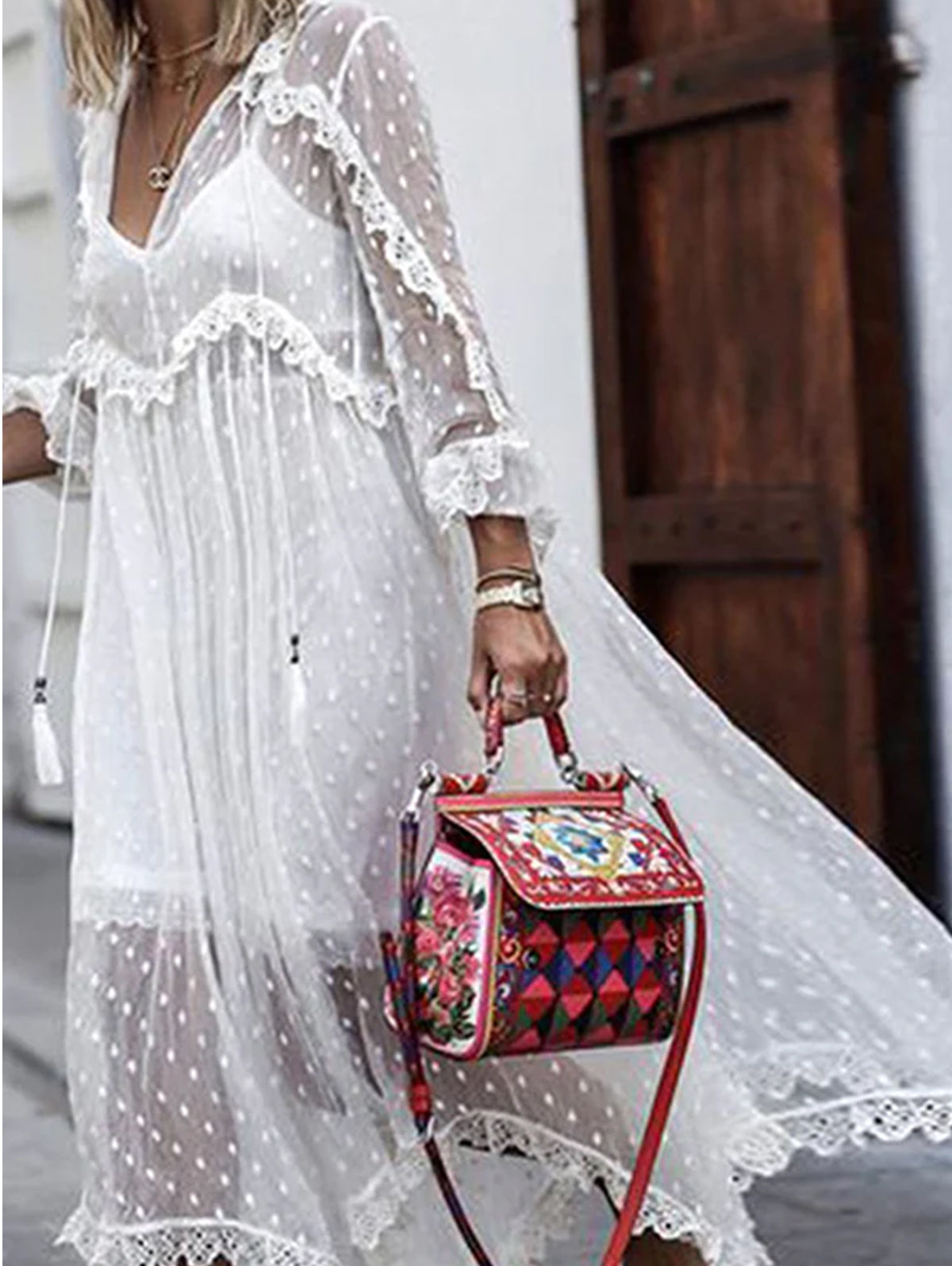 Boho Lace Trim Dotted Mesh Tiered Midi Dress 7