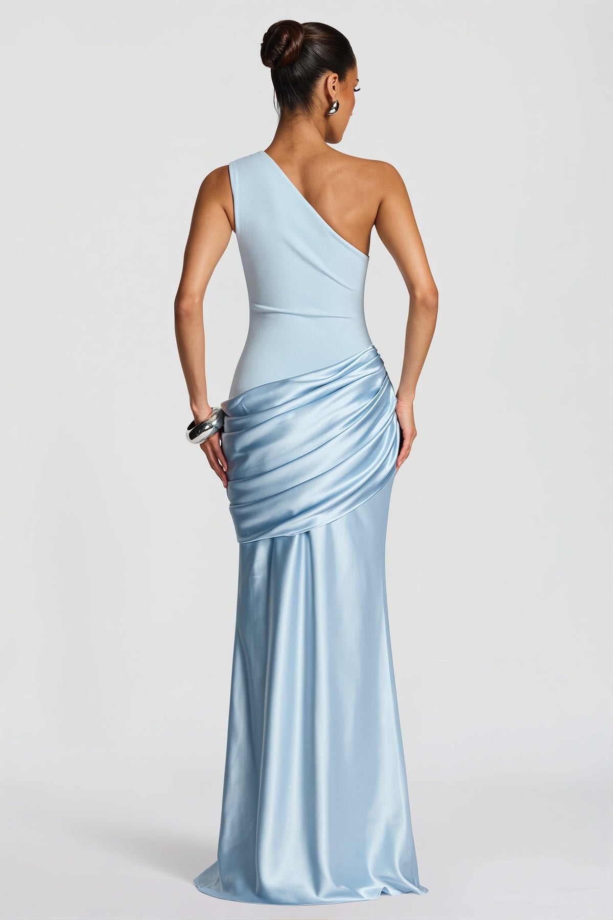 One Shoulder Draped Satin Fishtail Maxi Gown 5