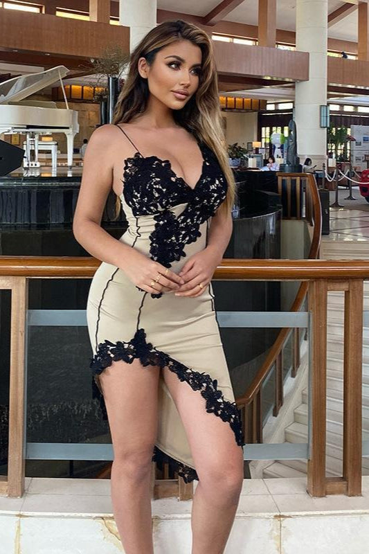 Satin Lace Applique Deep V-Neck High Split Dress 3