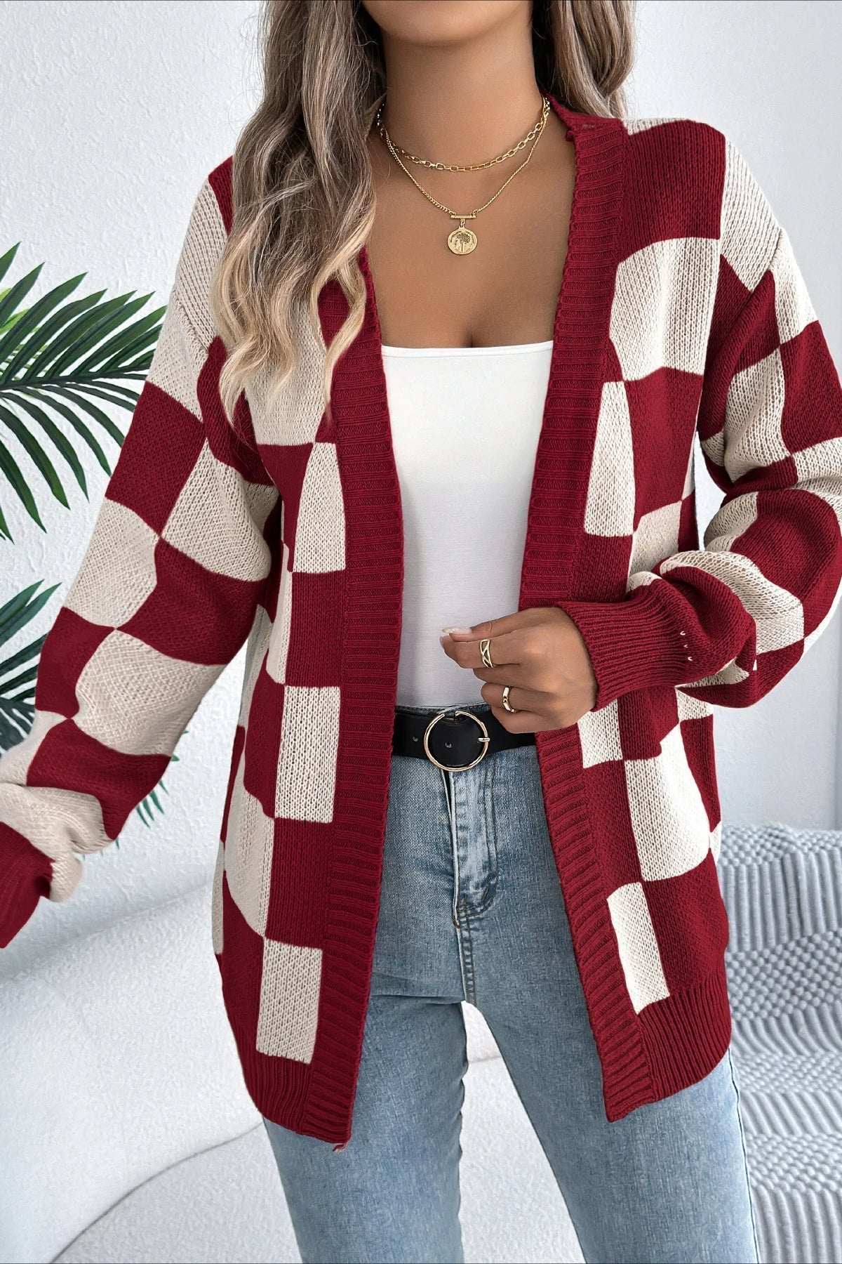 Plaid Knit Casual Loose Cardigan