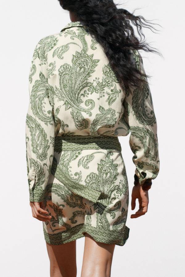 Blend Into Leaves Linen Blend Unique Print Long Sleeve Blouse and Wrap Tie-up Mini Skirt Set - Fashionpara