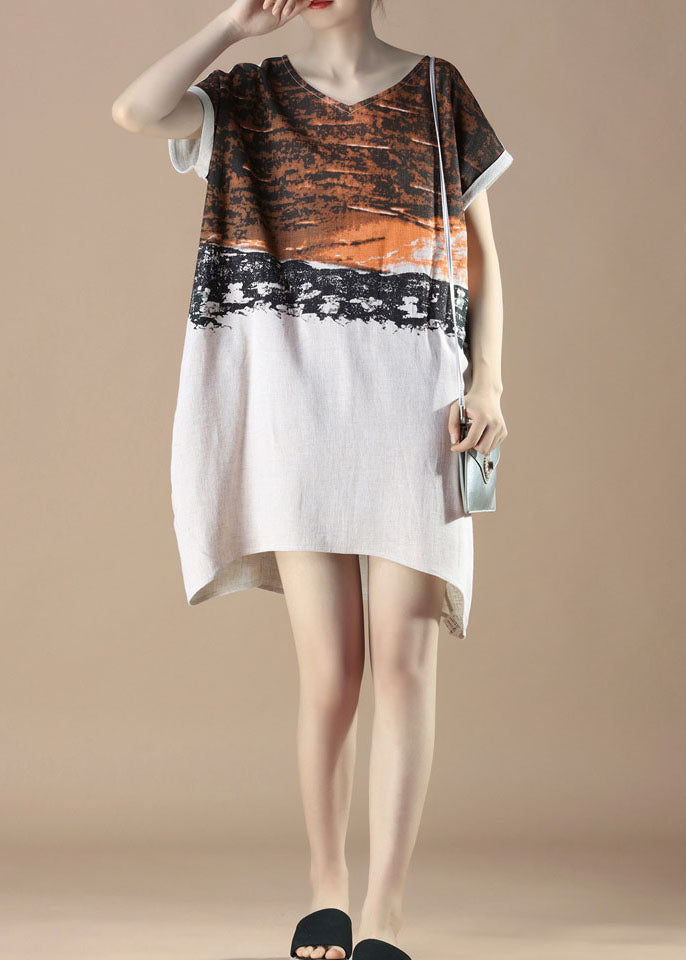 Colorblock Patchwork V-Neck Short Sleeve Asymmetric Hem Midi Dress