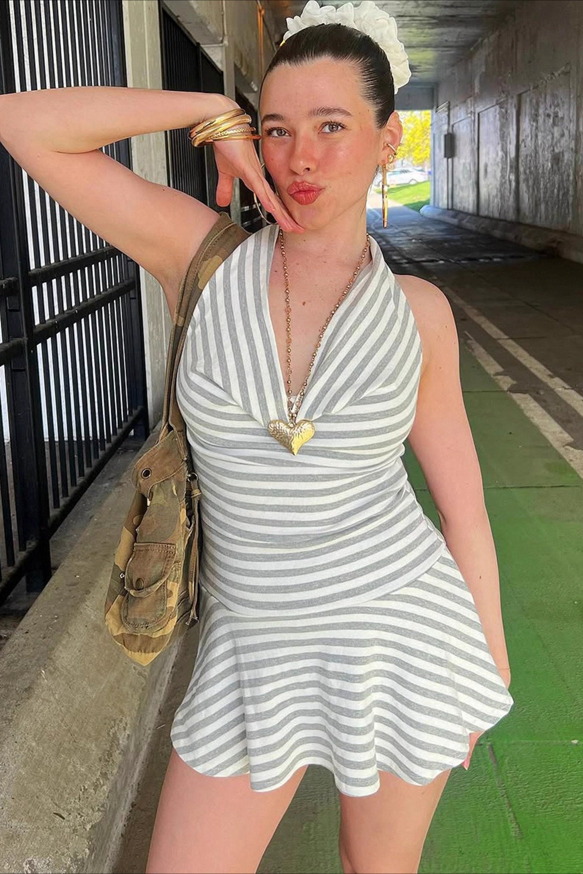 Striped Halter Cowl Neck Mini Dress