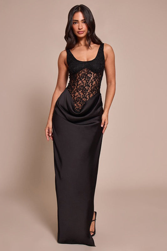 Lace Scoop Neck Sleeveless Satin Cowl Maxi Dress