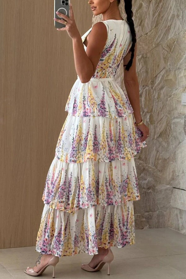 Sunny Views Lavender Print V-neck Tie-up Tiered Maxi Dress - Fashionpara
