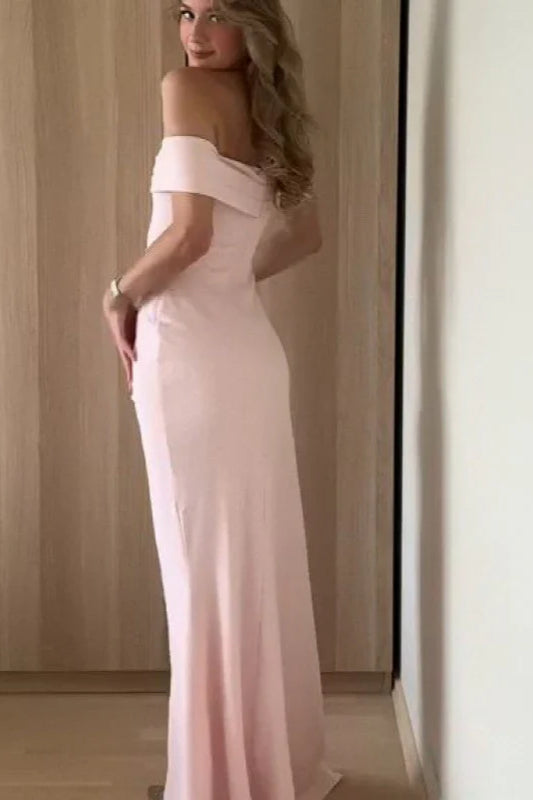 Off-Shoulder Waist Cinching Split Evening Party Dress - Fashionpara