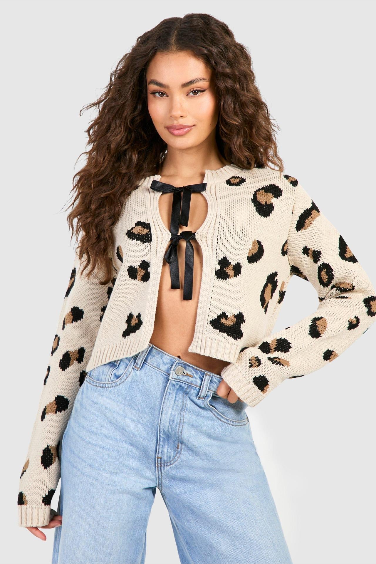 Leopard Print Knit Cardigan with Stylish Tie Front Detail