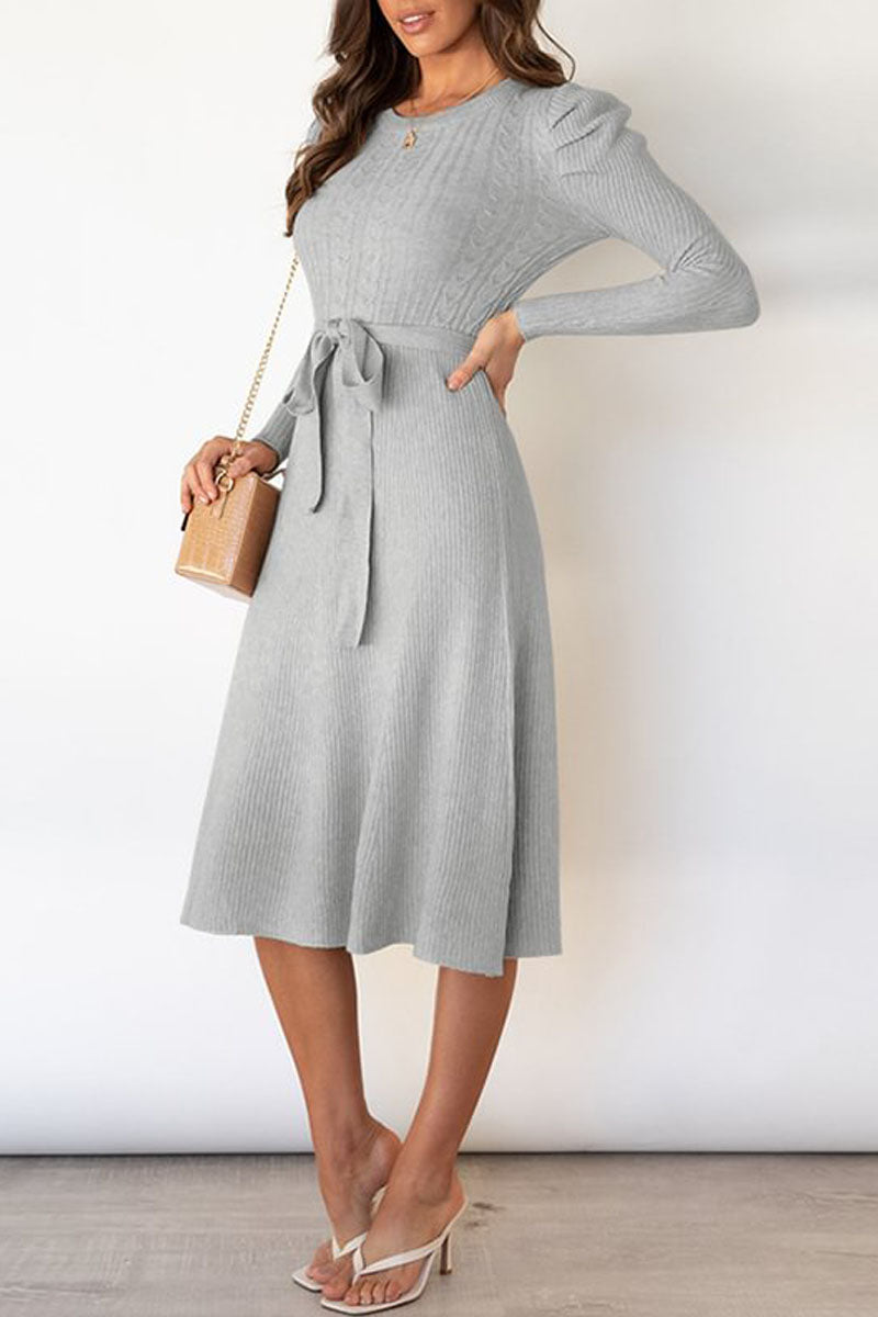 Puff Long Sleeve Belted Knit Sweater Dress