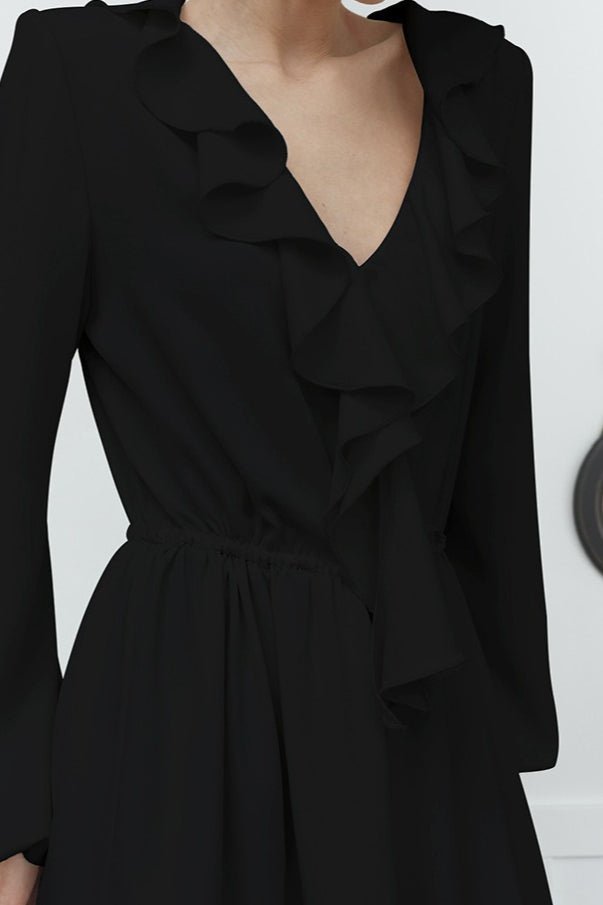 Ruffle Front V-Neck Long Sleeve High Low Dress 3